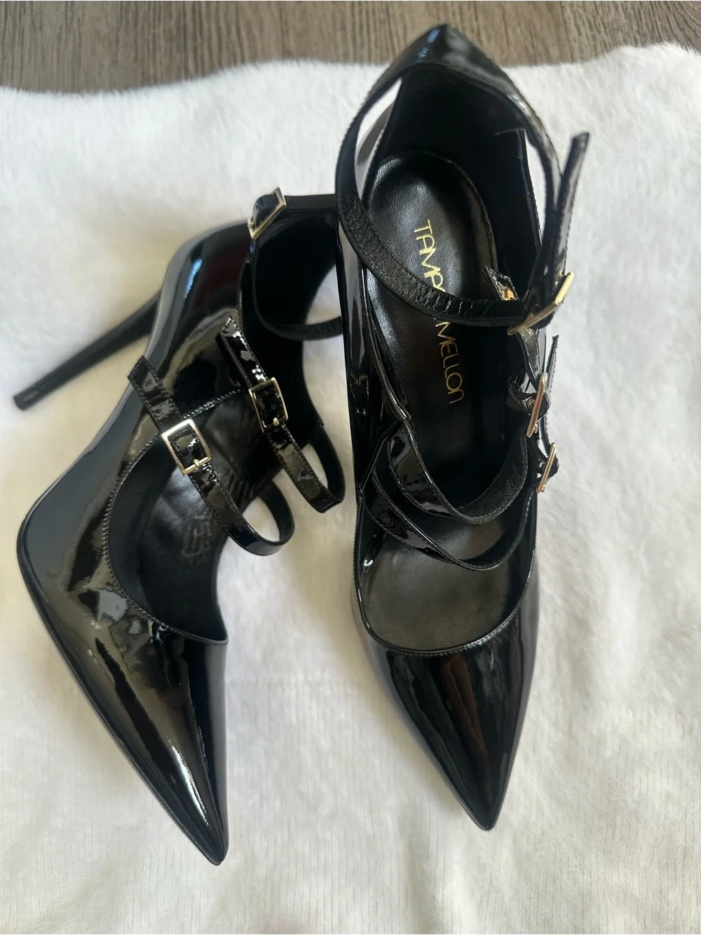 Tamara Mellon pistol 105 black patent triple strap pumps caged heels size 40/us